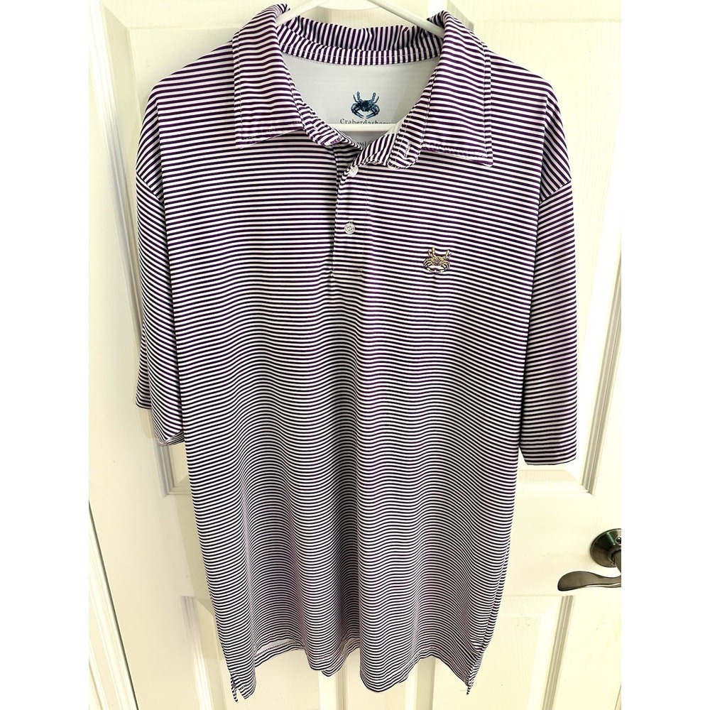 Craberdashery Men's XL Purple White Striped Stretch Golf Polo Shirt Logo